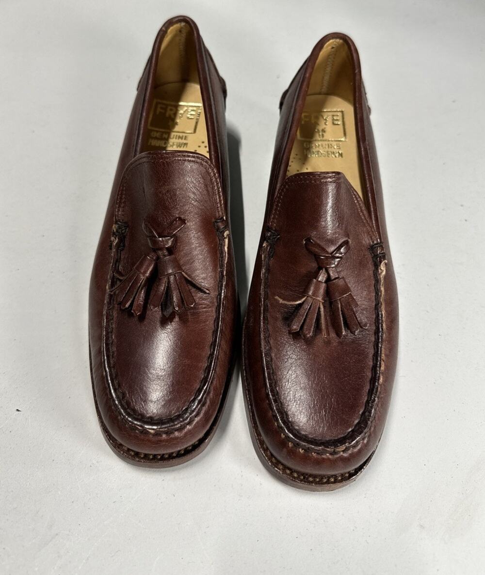 Frye Tassel Fringe Heeled Loafers Moccasins Vintage Handsewn Leather 7 B